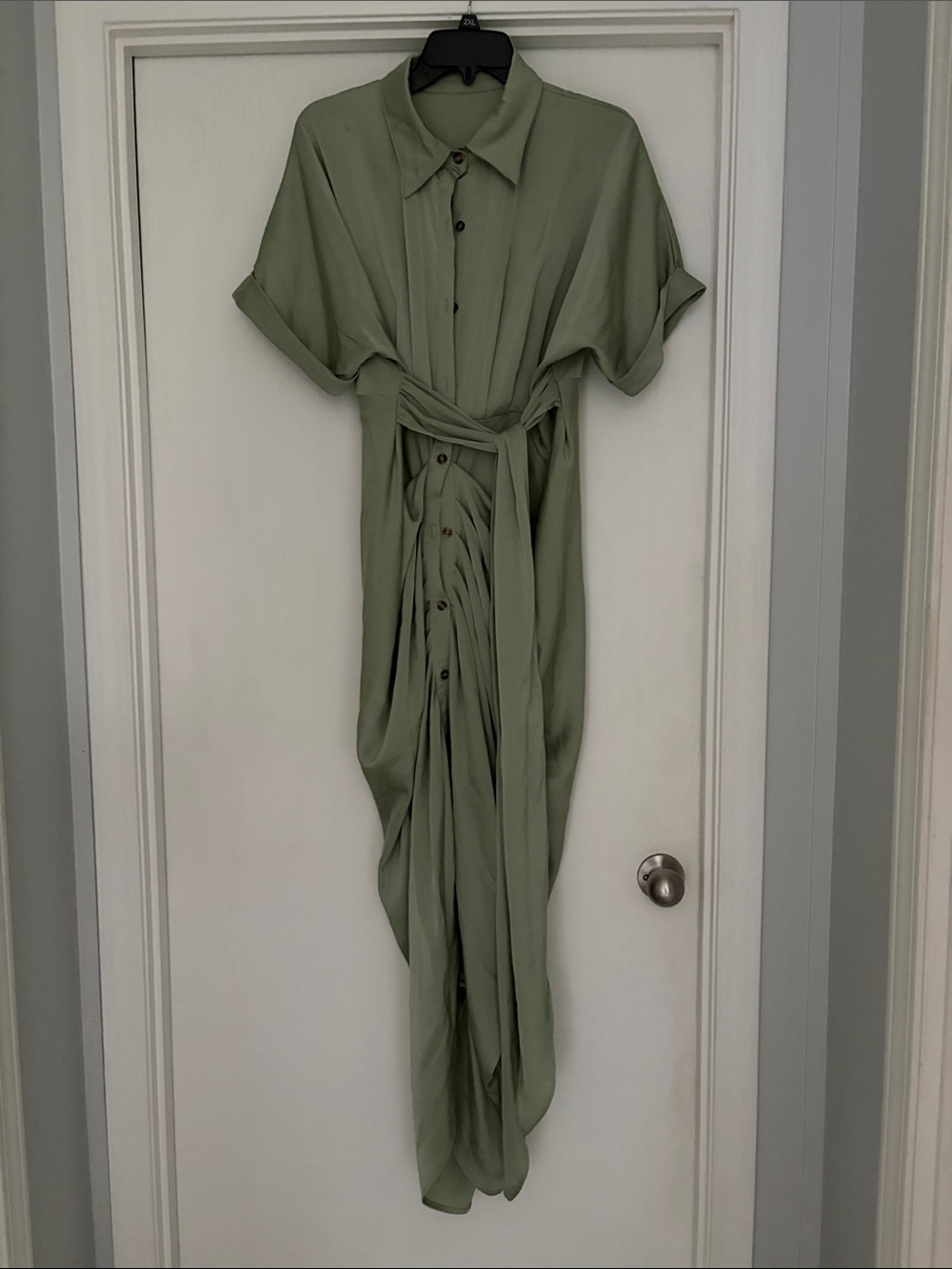 Olive Green Shirt Dress satin with Tie Waist